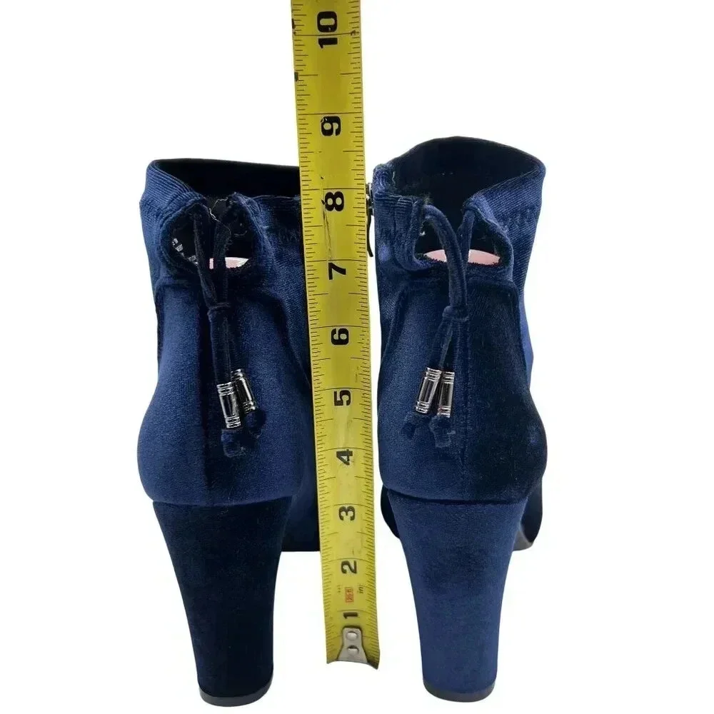 NEW Blue Velvet Ankle Booties Women 10M Zip Closure Block Heel Boots Elvis Shoes